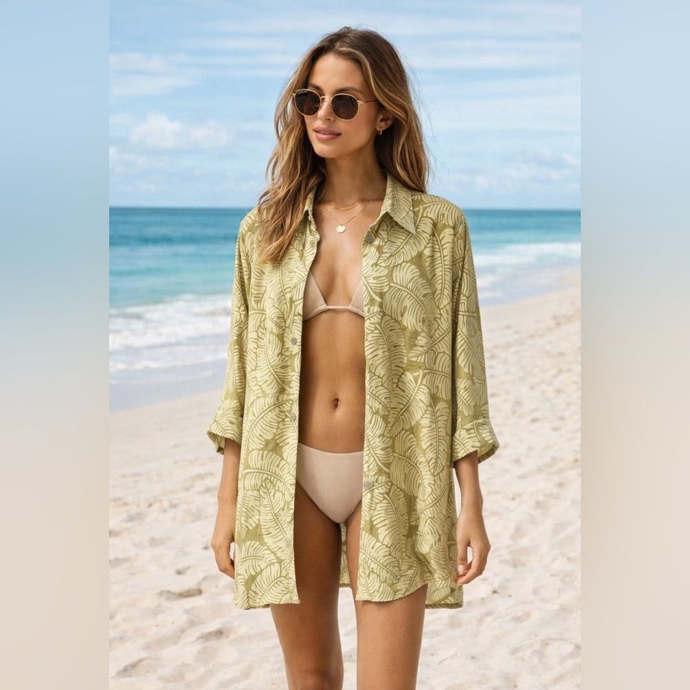 Sheer beachy coastal feminine green palm Leaf Print Button-Up Shirt 10